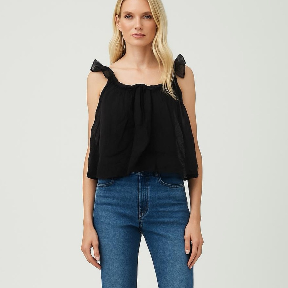 EVERY Linen Blend Lined Ruffle Trim Strap Black Boho Tank